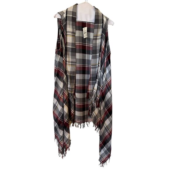 CATO Grey Red Plaid Open Front Cardigan Cotton Vest Women's Size Medium Raw Hem - Picture 1 of 12